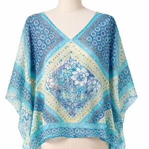 2 for 1 Style & Co. Turquoise and Cream Floral V-Neck Sheer Poncho